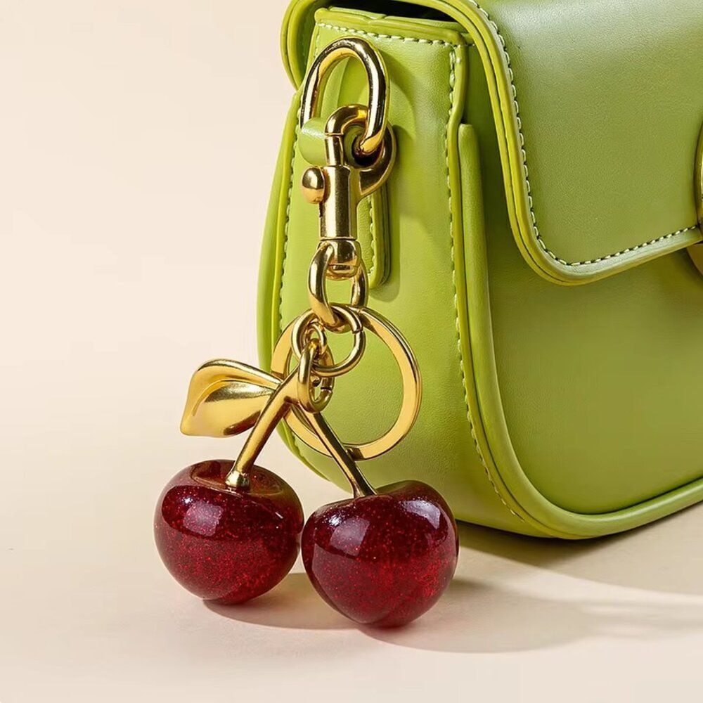 Free People Cherry Glitter Bag Charm Dark Red & Yellow Gold Keychain